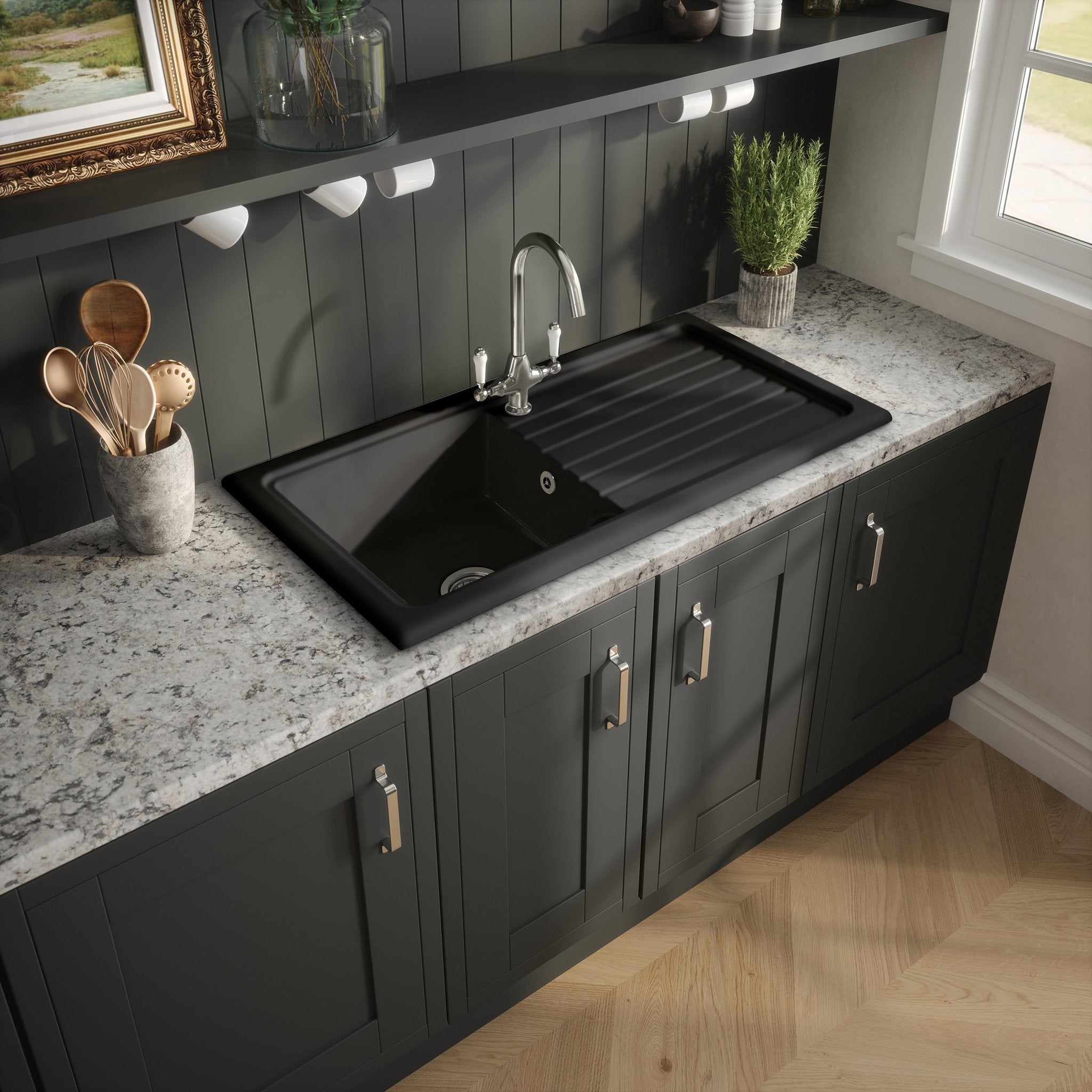 Nuie fireclay Soft Black single bowl counter top drainer sink 1010 x 525mm in a kitchen