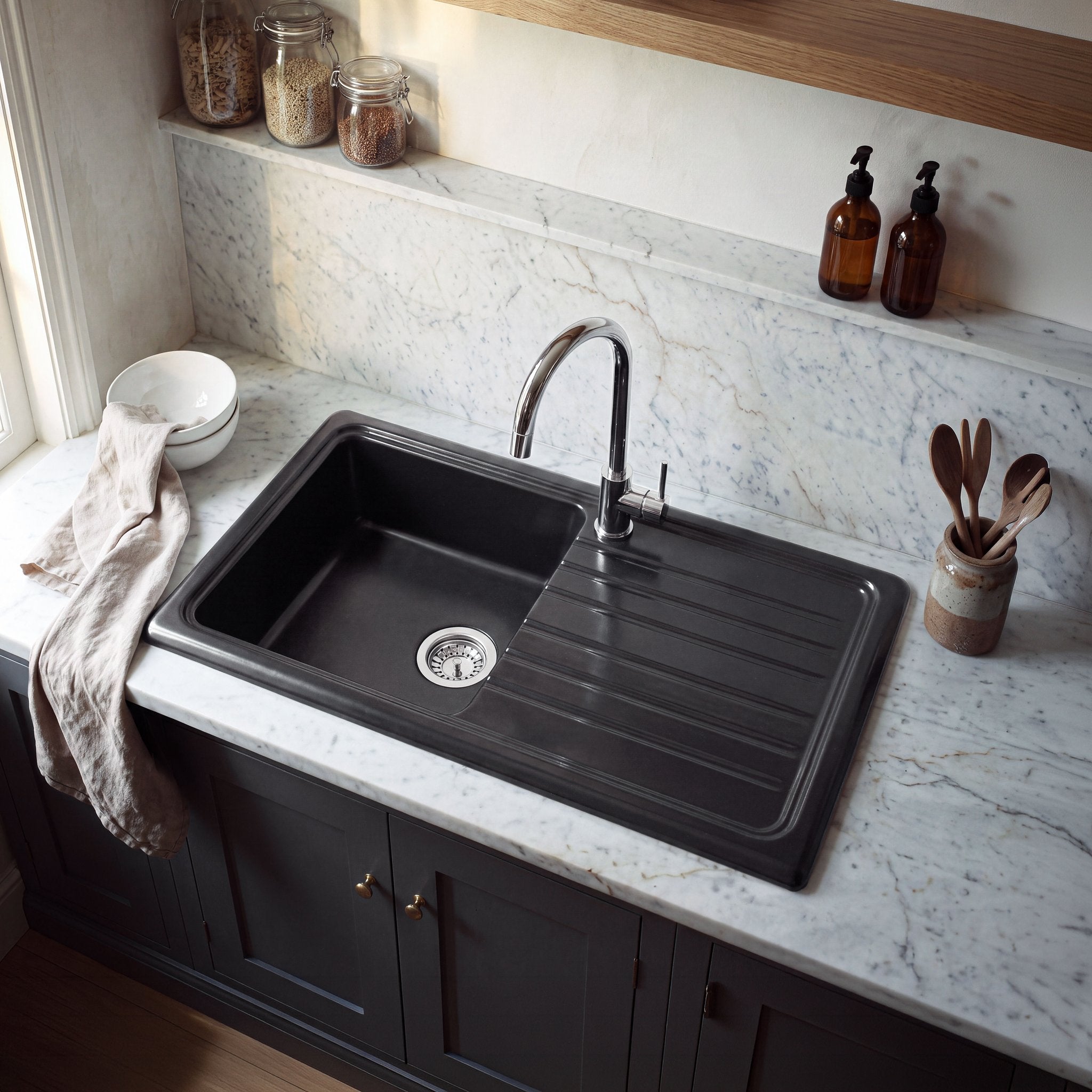Nuie CT41T1010 Soft Black fireclay single bowl sink with drainer, close view