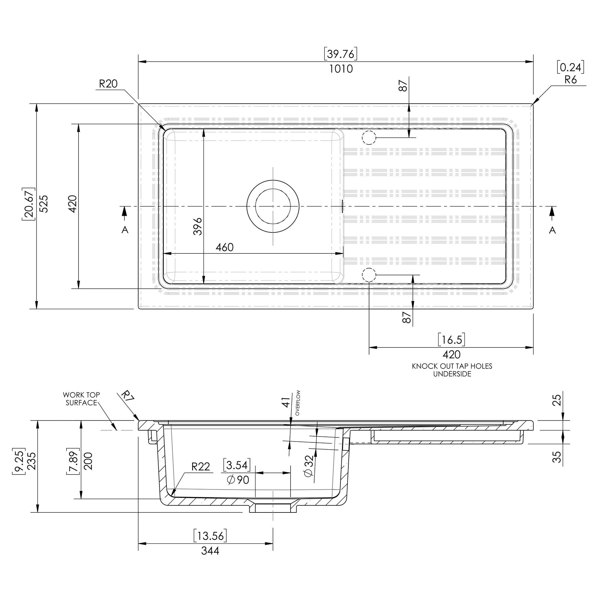 Nuie CT41T1010 fireclay drainer sink technical drawing with dimensions