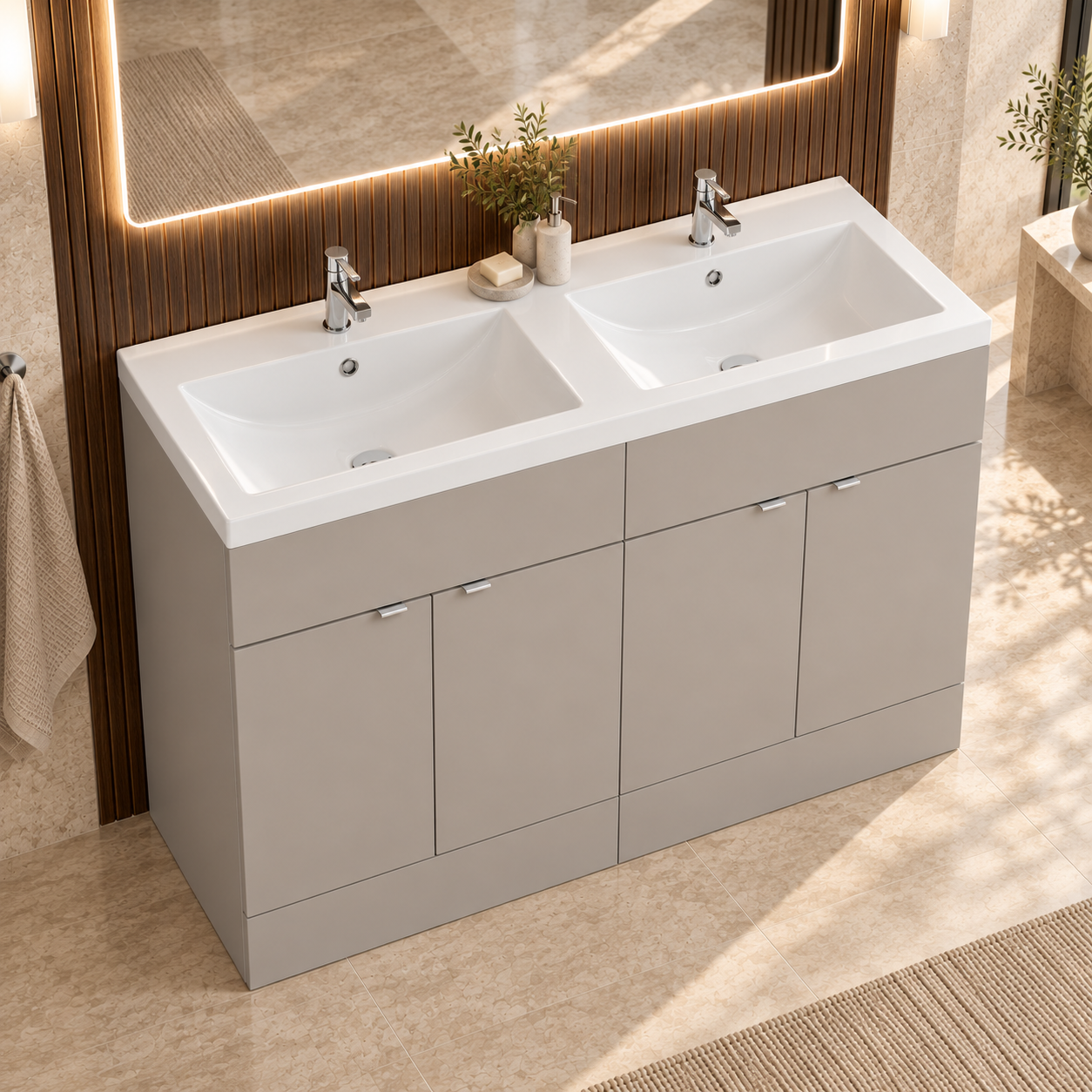 Hudson Reed Fusion 1200mm Pebble Grey 4 Door Floor Standing Vanity Unit With 2 Tap Holes Double Basin