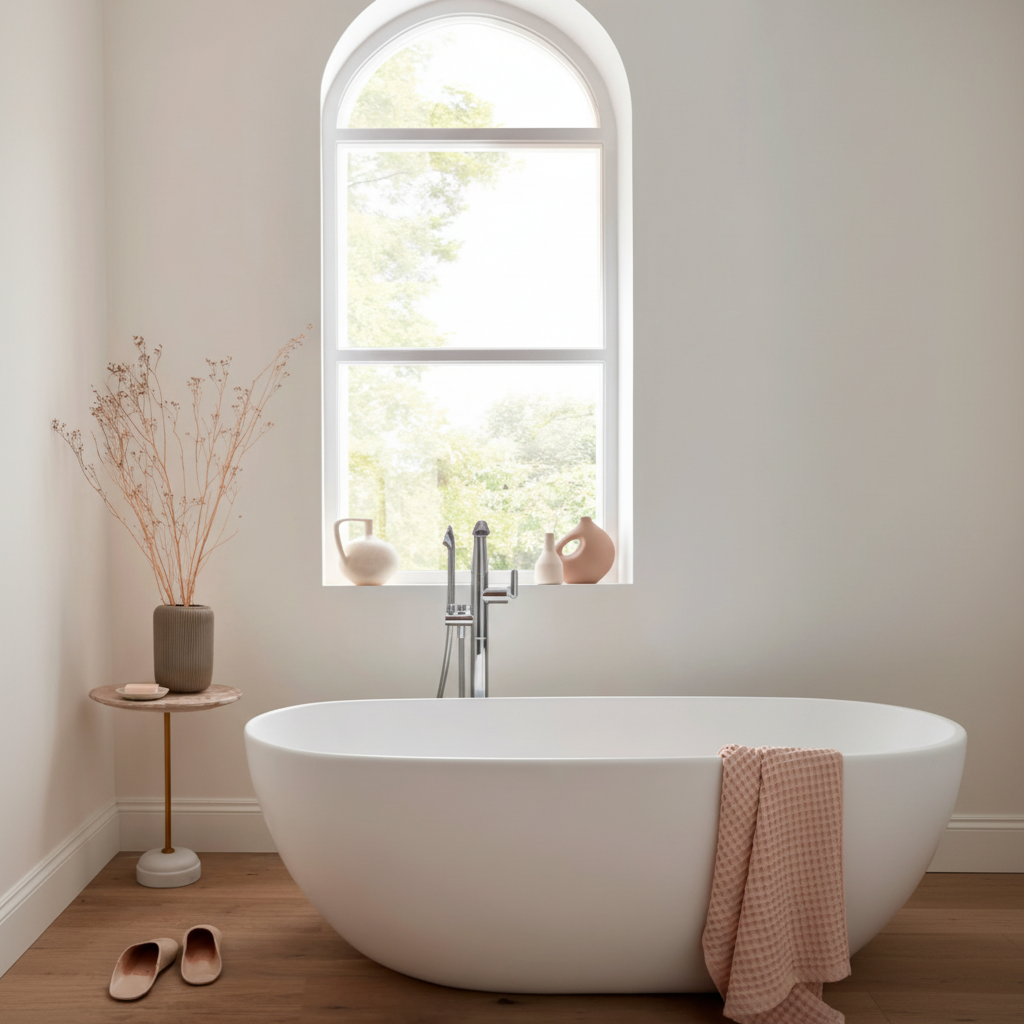 1:1 bathroom with arched window