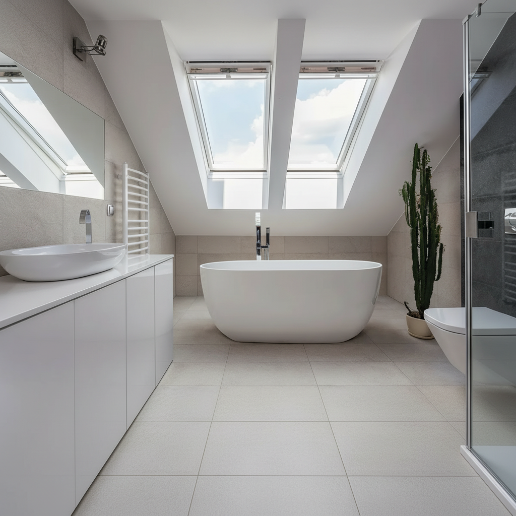 1:1 bathroom with skylights