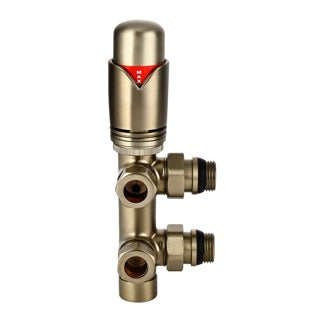 Minimalist 15mm Angled Twin TRV Radiator Valve - Brushed Brass - The Tunbridge Wells Brassware Co.