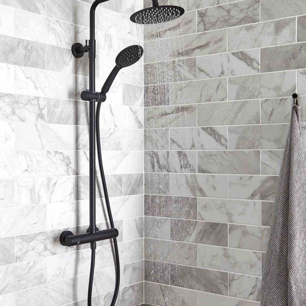 Kartell Nero Round Thermostatic Exposed Bar Shower with Ultra Slim Overhead Drencher and Sliding Handset