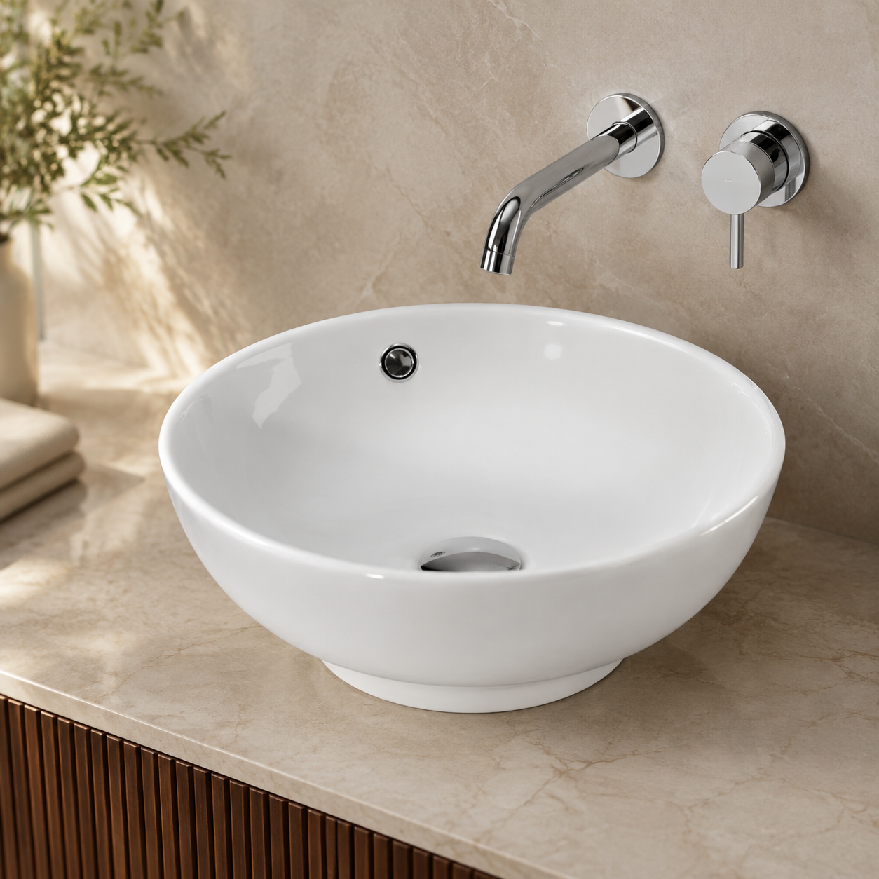 Meravo Classico 410mm Round Vessel Basin | White Vitreous China Countertop Basin