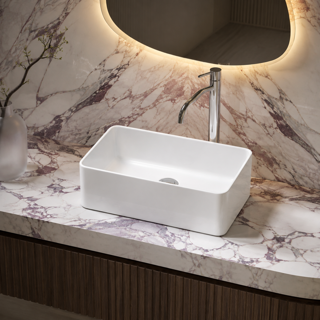Meravo Classico Rectangular Vessel Basin | Matt White Vitreous China Countertop Basin