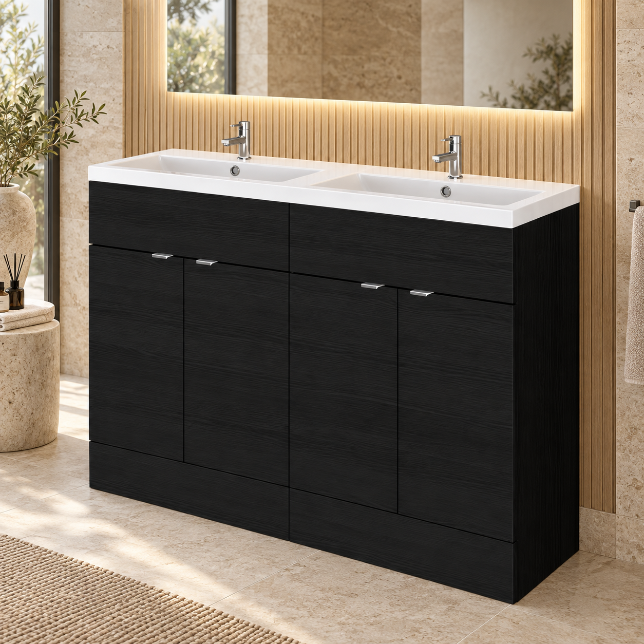 Hudson Reed Fusion 1200mm Charcoal Black 4 Door Floor standing Vanity Unit With 2 Tap Holes Double Basin