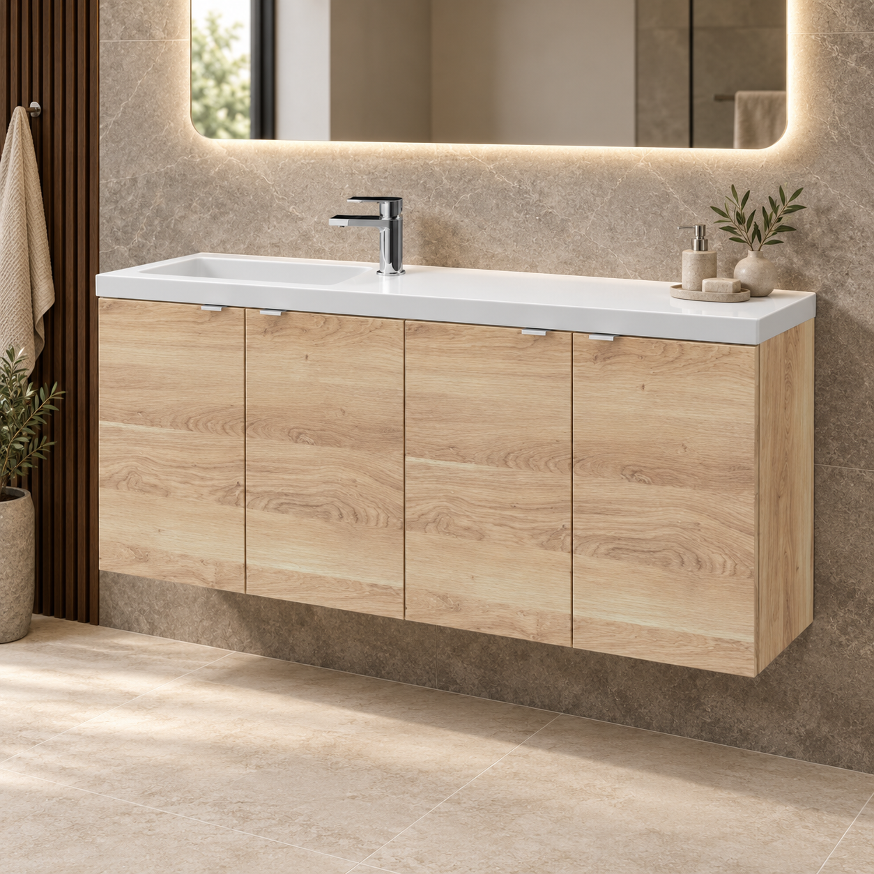 Hudson Reed Fusion 1200mm Bleached Oak 4 Door Compact Wall Hung Vanity Unit With Basin