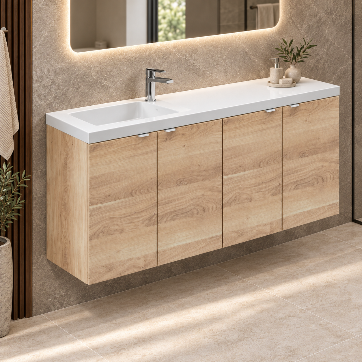 Hudson Reed Fusion 1200mm Bleached Oak 4 Door Compact Wall Hung Vanity Unit With Basin