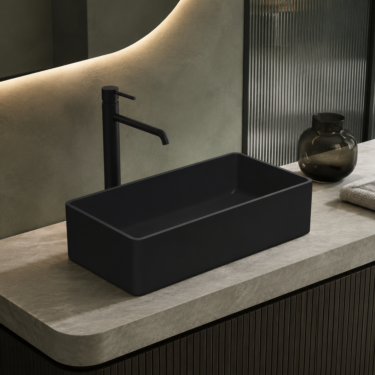 Meravo Lux Rectangular Vessel Basin | Matt Black Ceramic Countertop Basin