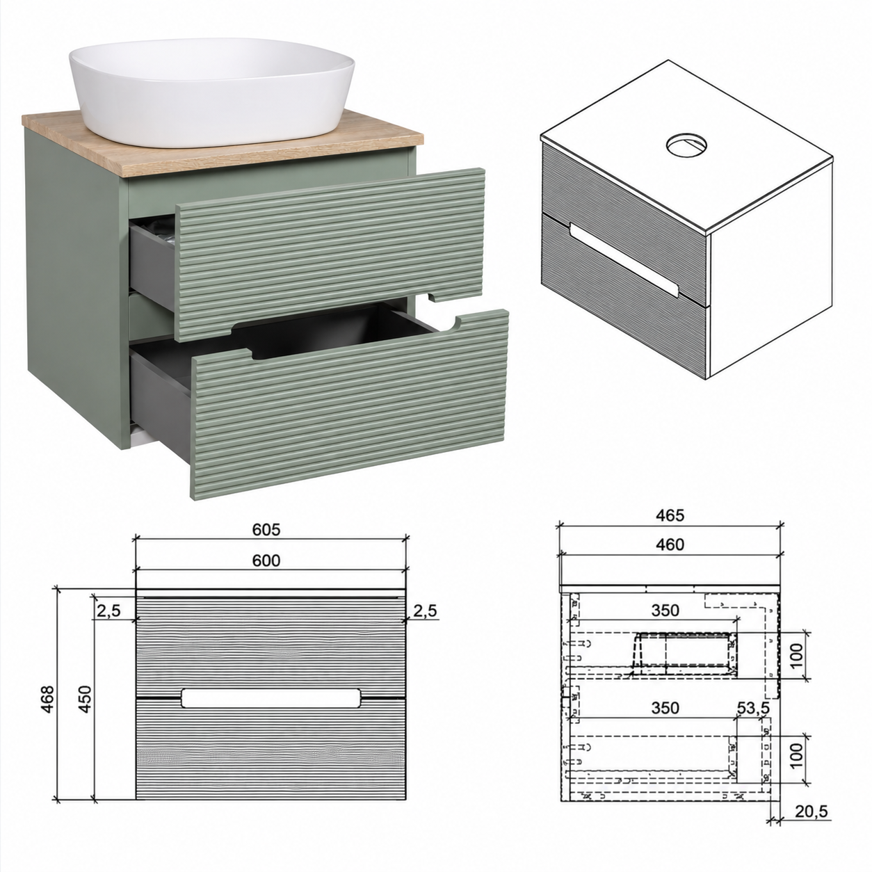 Tailored Bathrooms - Monza Fluted Wall Hung 600mm Vanity Unit & Counter Top - Aloe Green/Country Oak