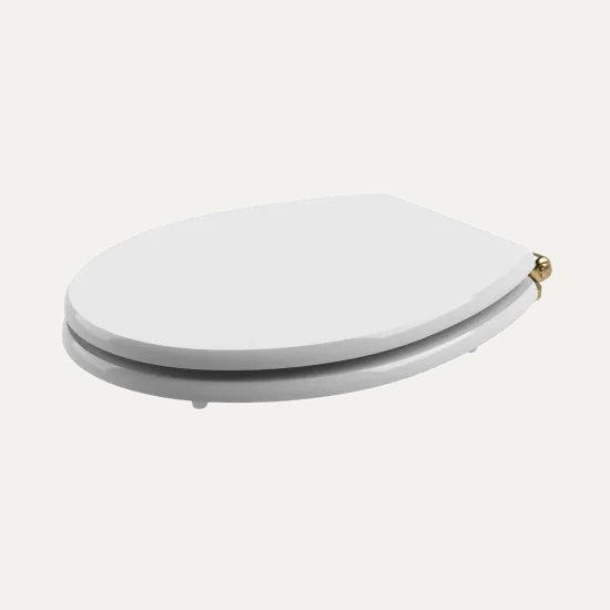 Nuie lux Hunton Traditional White Brushed Brass Round Soft Close Toilet Seat With Quick Release Hinge