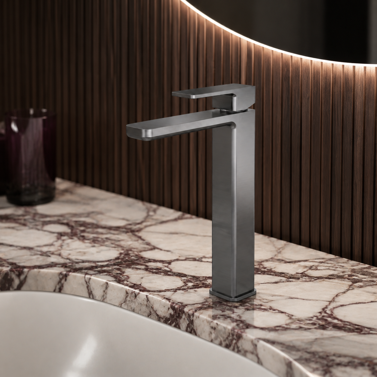 Meravo Lux High-Rise Mono Basin Mixer Tap | Brushed Pewter | Vessel Basin Tap