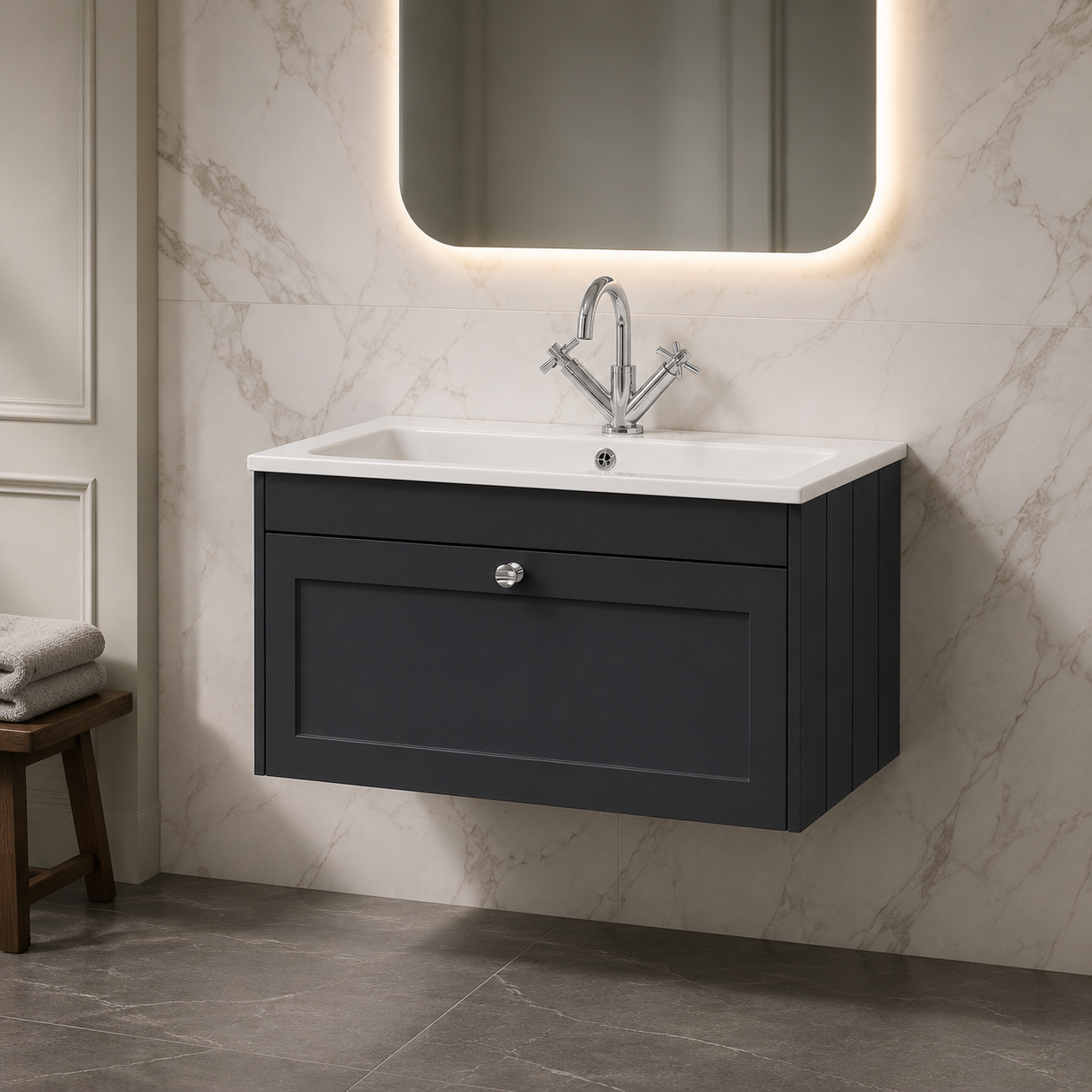Meravo Elite 800mm Soft Black Wall Hung 1 Drawer Unit with Stone Basin 1 Tap Hole