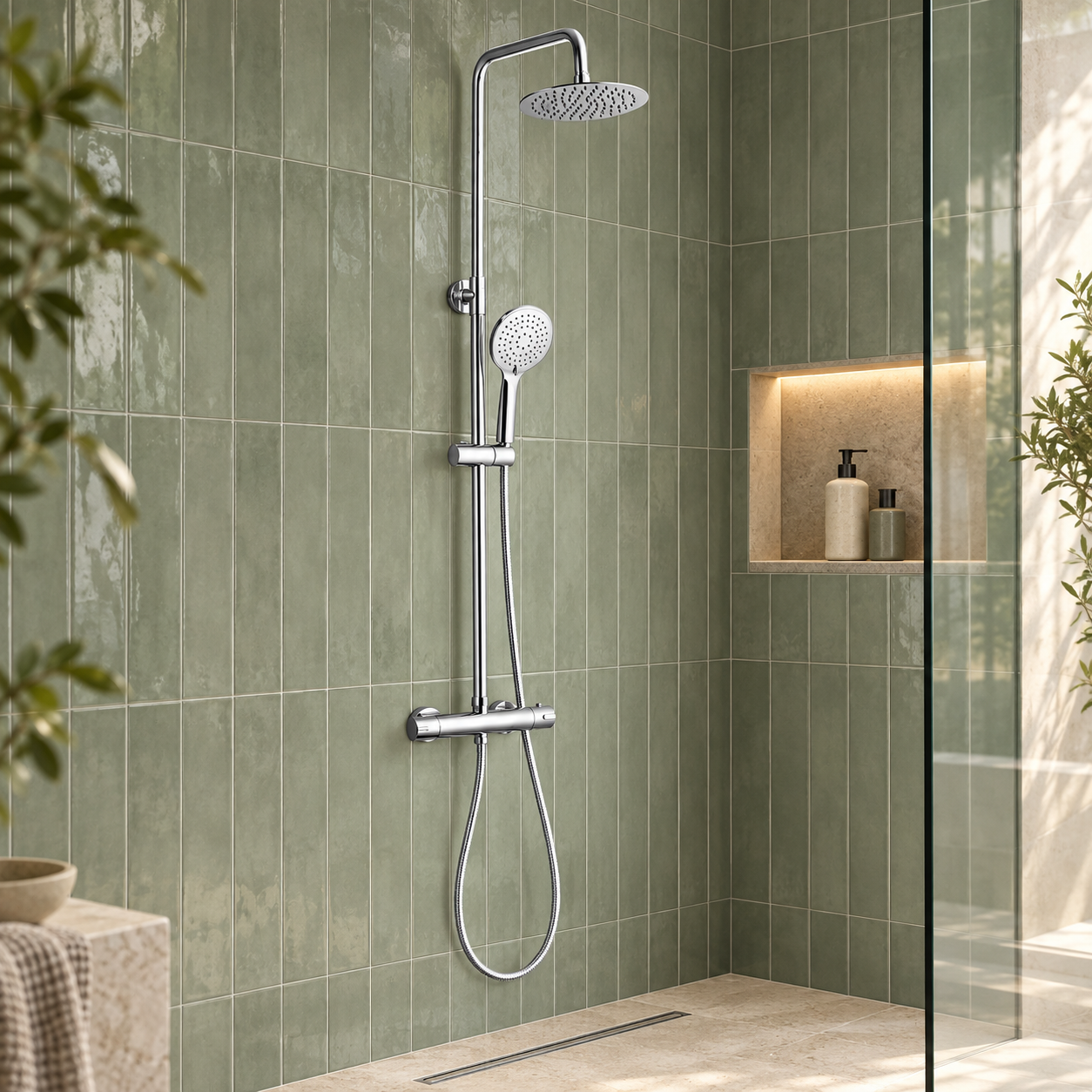 Kartell Plan Thermostatic Bar Shower with Ultra Slim Stainless Shower Drencher and Sliding Handset