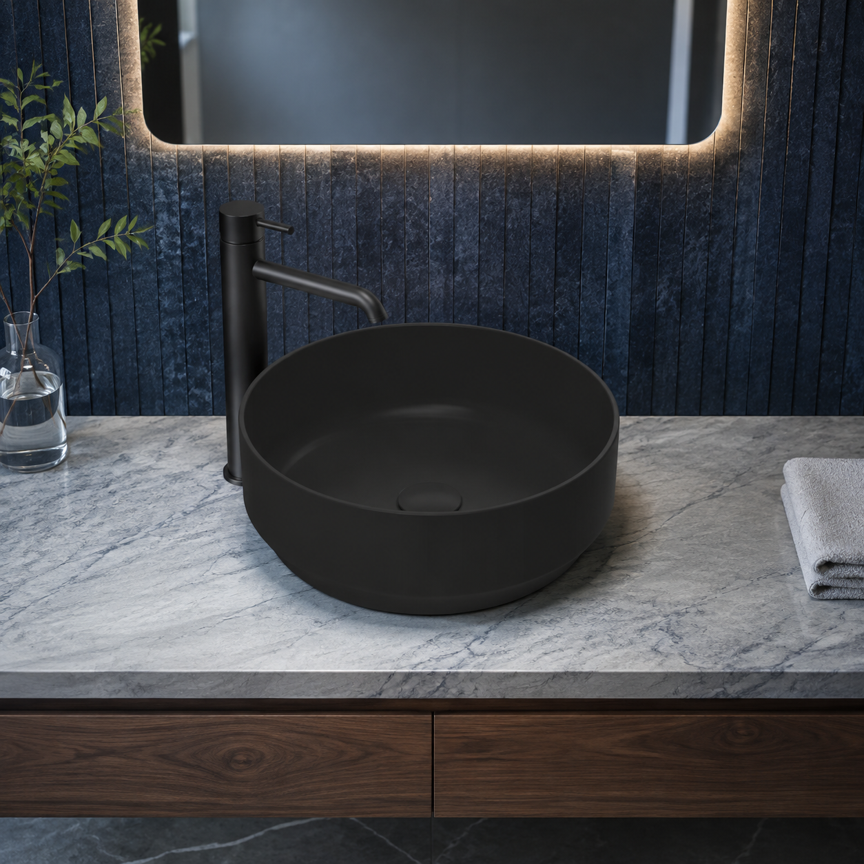 Meravo Lux 350mm Round Vessel Basin | Matt Black Ceramic Countertop Basin