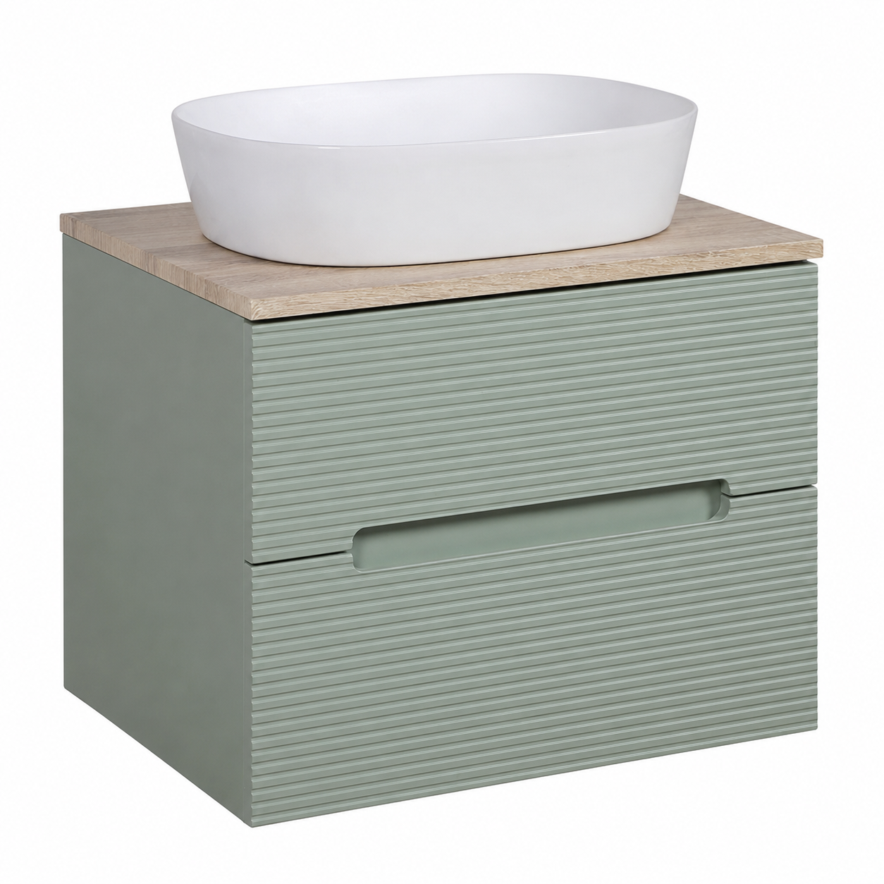 Tailored Bathrooms - Monza Fluted Wall Hung 600mm Vanity Unit & Counter Top - Aloe Green/Country Oak