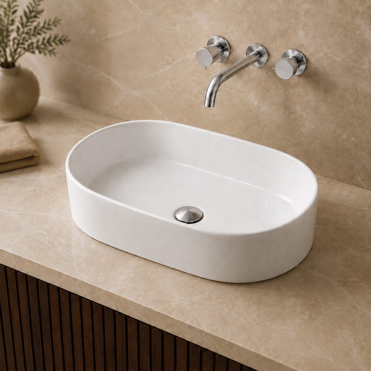 Meravo Classico 565mm Oval Vessel Basin | White Vitreous China Countertop Basin