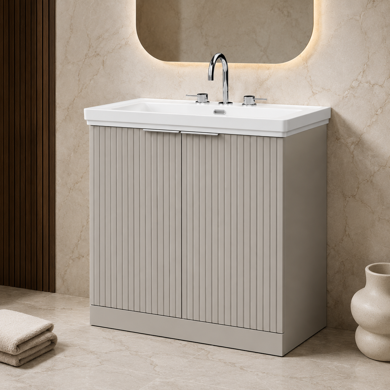 Meravo Pure 800mm Pebble Grey 2 Door Floor Standing Vanity Unit With 3 Tap Holes Fireclay Basin