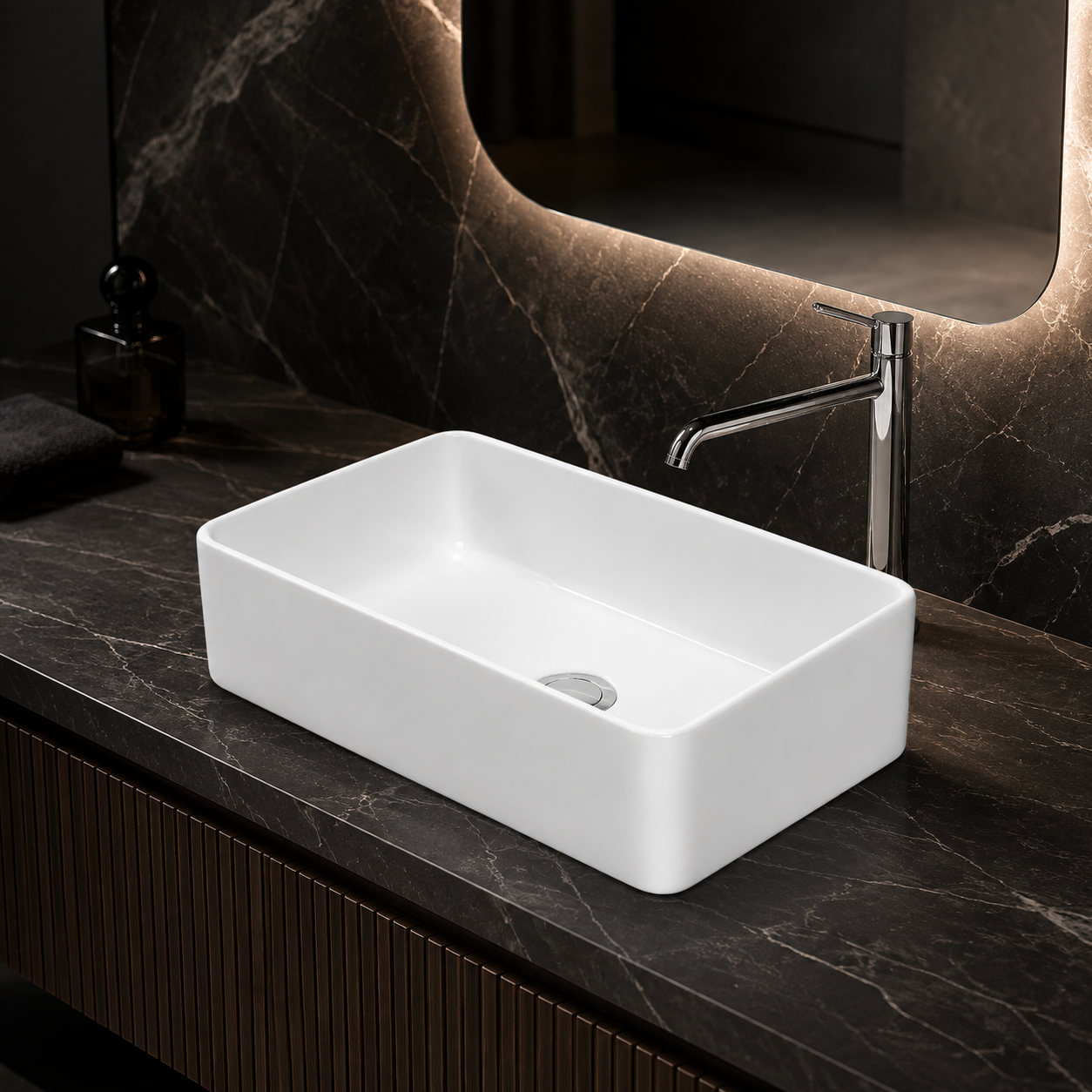 Meravo Classico Rectangular Vessel Basin | Matt White Vitreous China Countertop Basin
