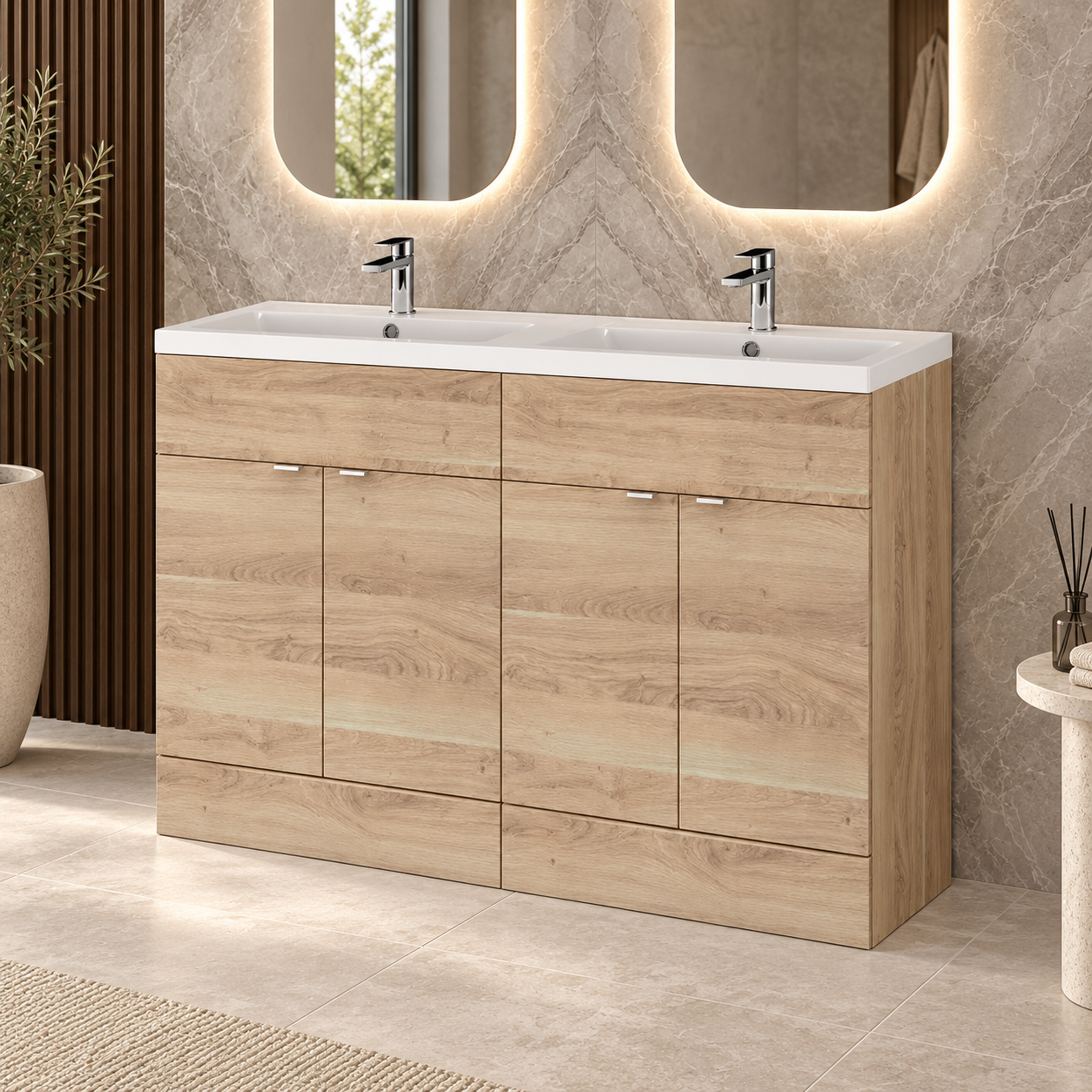 Hudson Reed Fusion 1200mm Bleached Oak 4 Door Floor standing Vanity Unit With 2 Tap Holes Double Basin