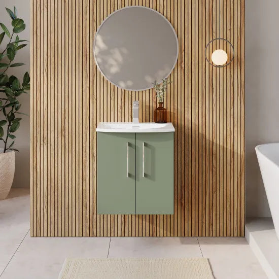 Nuie - Arno 2 Door Wall Hung Vanity Unit With Curved Basin - Satin Green