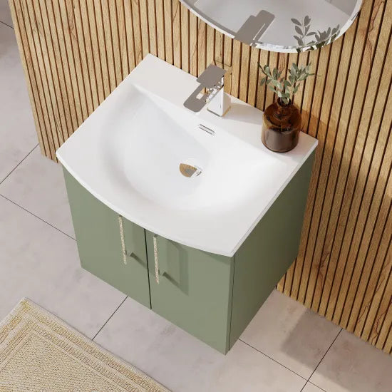 Nuie - Arno 2 Door Wall Hung Vanity Unit With Curved Basin - Satin Green