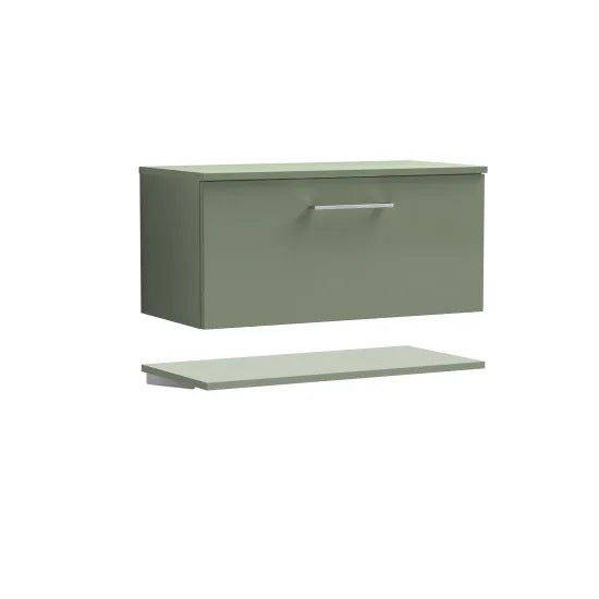Arno 800mm Satin Green 1 Drawer Wall-Hung Vanity Unit with Co-ordinating Worktop and Shelf (view 2)