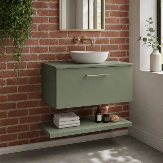 Arno 800mm Satin Green 1 Drawer Wall-Hung Vanity Unit with Co-ordinating Worktop and Shelf