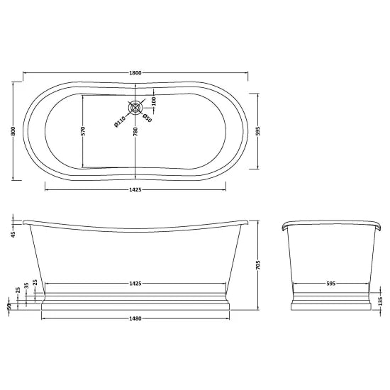 BC Designs 1800mm Boat Bath - Copper Outer/Acrylic Inner