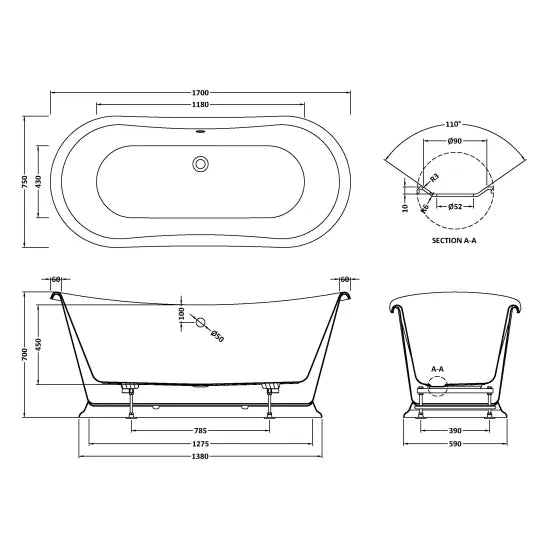 Bayswater - Painted 1700mm Plummett Boat Freestanding Bath - Grey