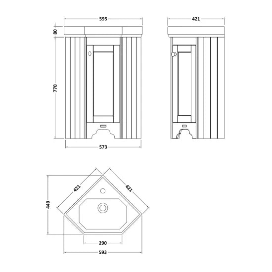 Bayswater - 1 Door Pointing Floor Standing Corner Cabinet With 1 Tap Hole Basin - White