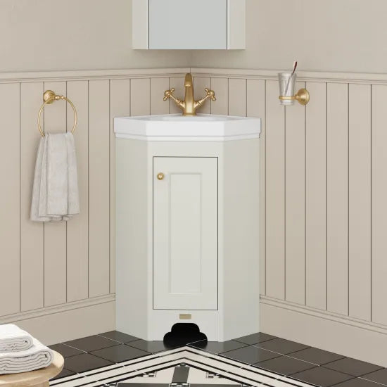 Bayswater - 1 Door Pointing Floor Standing Corner Cabinet With 1 Tap Hole Basin - White