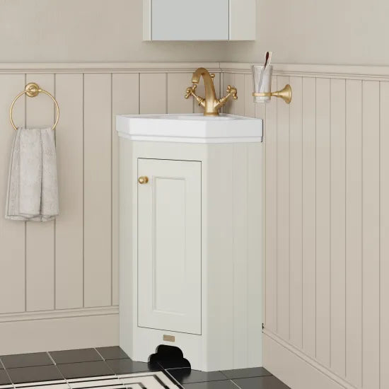 Bayswater - 1 Door Pointing Floor Standing Corner Cabinet With 1 Tap Hole Basin - White