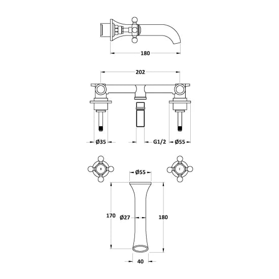 Bayswater - Wall Mount Basin Tap - 3 Tap Holes (hex crosshead)
