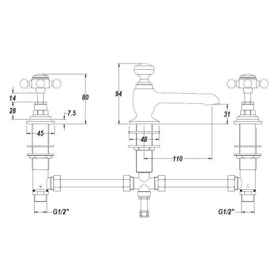 Hudson Reed Old London White Topaz With Crosshead Handle 3 Tap Hole Basin Mixer - Brushed Brass / White