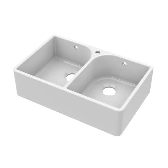 Nuie 795mm x 500mm x 220mm Fireclay White 1 Tap Hole Double Bowl Butler Sink With Full Weir And Overflow