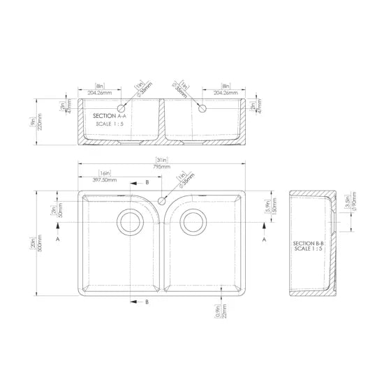 Nuie 795mm x 500mm x 220mm Fireclay White 1 Tap Hole Double Bowl Butler Sink With Full Weir And Overflow