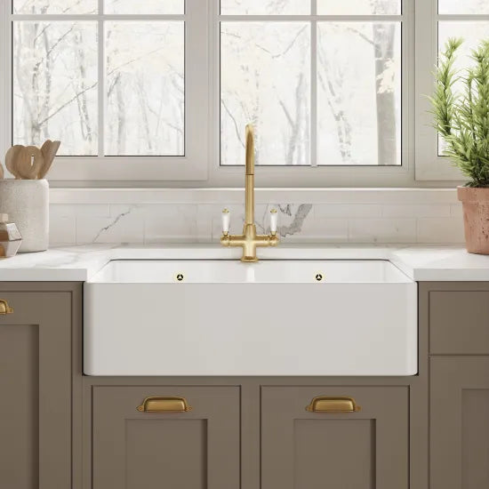 Nuie 795mm x 500mm x 220mm Fireclay White 1 Tap Hole Double Bowl Butler Sink With Full Weir And Overflow