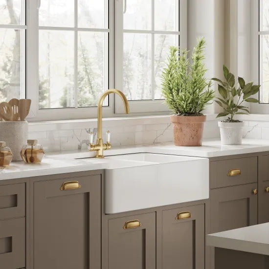 Nuie 795mm x 500mm x 220mm Fireclay White 1 Tap Hole Double Bowl Butler Sink With Full Weir And Overflow