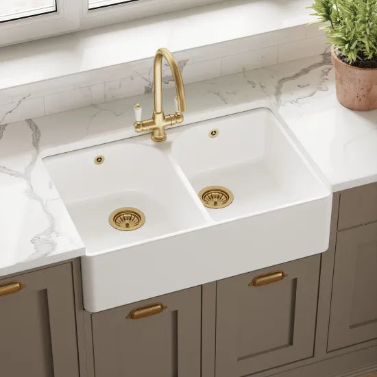 Nuie 795mm x 500mm x 220mm Fireclay White 1 Tap Hole Double Bowl Butler Sink With Full Weir And Overflow