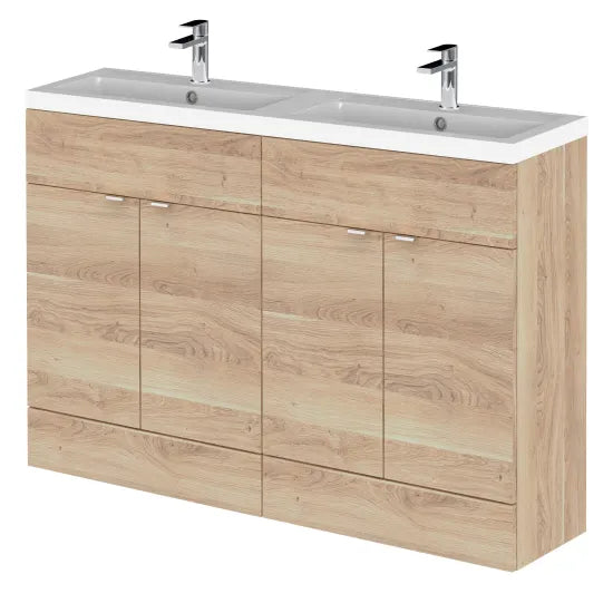Hudson Reed Fusion 1200mm Bleached Oak 4 Door Floor standing Vanity Unit With 2 Tap Holes Double Basin