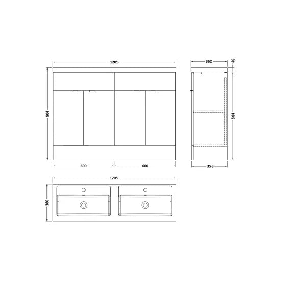 Hudson Reed Fusion 1200mm Bleached Oak 4 Door Floor standing Vanity Unit With 2 Tap Holes Double Basin