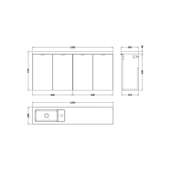 Hudson Reed Fusion 1200mm Bleached Oak 4 Door Compact Wall Hung Vanity Unit With Basin