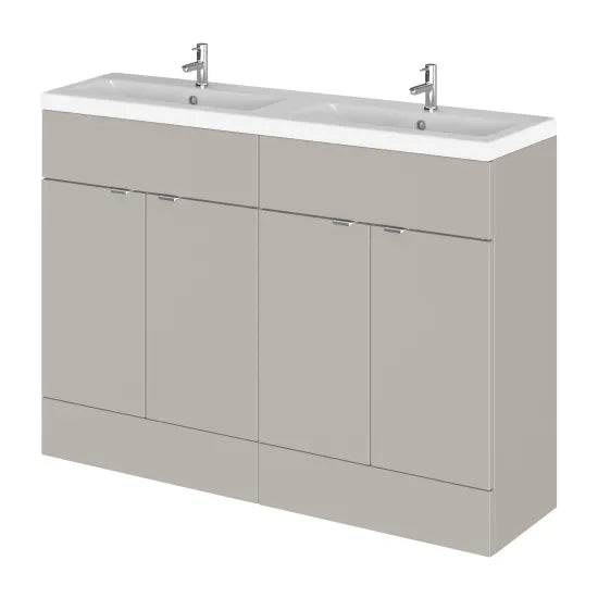 Hudson Reed Fusion 1200mm Pebble Grey 4 Door Floor Standing Vanity Unit With 2 Tap Holes Double Basin