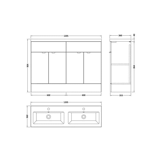 Hudson Reed Fusion 1200mm Pebble Grey 4 Door Floor Standing Vanity Unit With 2 Tap Holes Double Basin