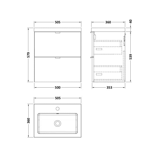 Hudson Reed Fusion 500mm Anthracite Woodgrain Wall Hung 2 Drawer Vanity Unit & Basin