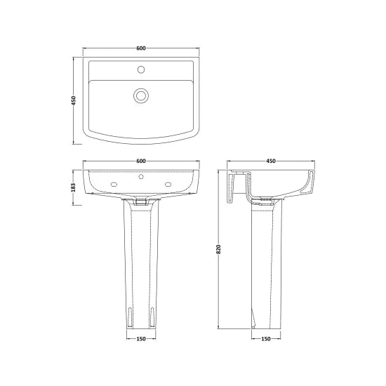 Nuie Bliss 600mm 1 Tap Hole Ceramic Basin & Pedestal