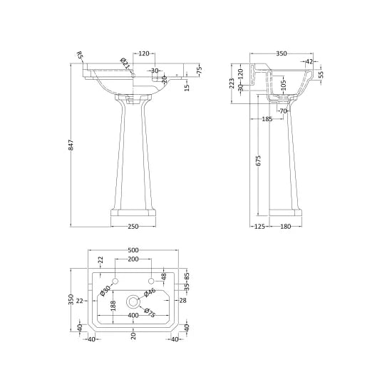Old London Richmond 2 Tap Hole 500mm Ceramic Basin & Pedestal