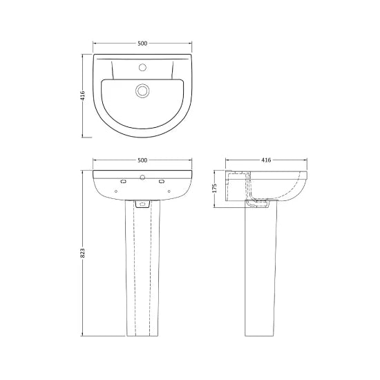 Nuie Harmony 1 Tap Hole 500mm Ceramic Basin & Pedestal